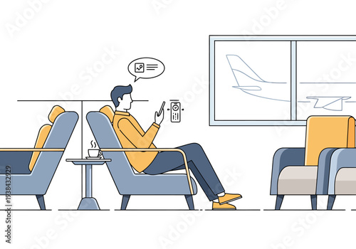 Man Relaxing in Airport Lounge Using Mobile Device While Waiting for Flight Departure Through Window View of Airplane