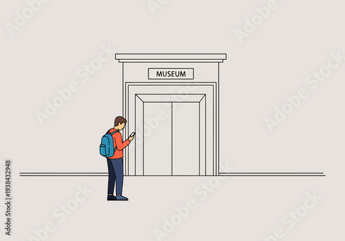 Person with backpack using smartphone outside building entrance labeled museum contemplating visit