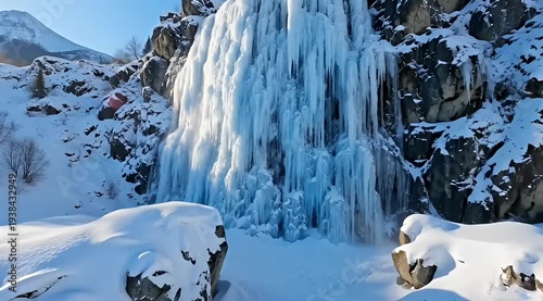 Frozen waterfall cascading down rocky mountain covered in snow in winter
