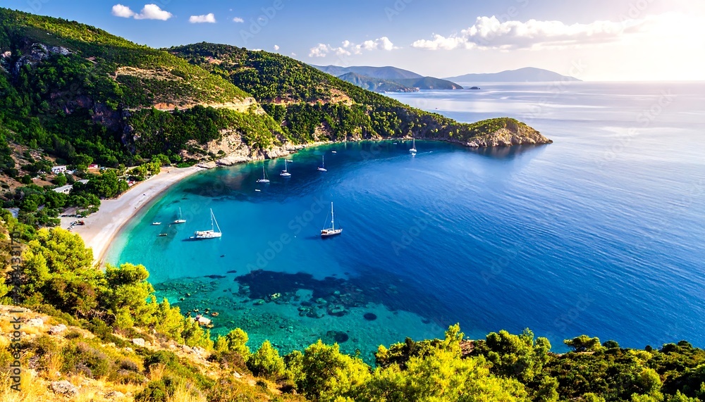 Fototapeta premium Turquoise bay with lush green hills, white sand beach, and sailboats, bathed in warm sunlight