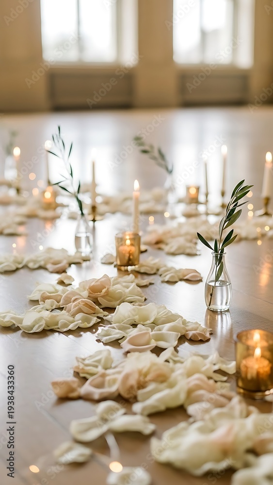 Obraz premium Romantic setting with scattered petals, lit candles and fresh greenery