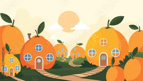 Whimsical fantasy landscape where small houses are built into giant oranges along winding paths under a bright sun.