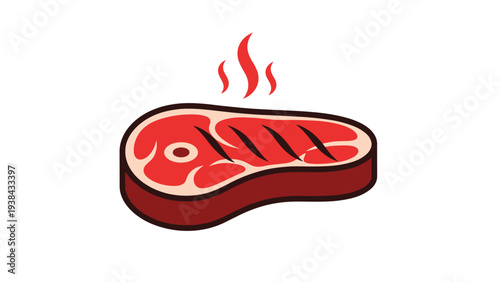 Delicious grilled beef steak illustration with steam rising up isolated on a plain white background for food or restaurant menu designs.