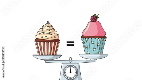Two different chocolate cupcakes being compared and balanced on a kitchen scale with an equals sign for weight or health concepts.