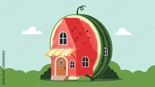 Creative illustration of a cozy house built inside a giant slice of watermelon set in a green landscape with white clouds and sky.