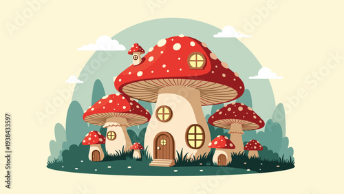 Charming village of whimsical mushroom houses with red polka dot caps nestled in a grassy field with trees and clouds in the background.