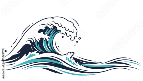 Powerful ocean wave crashing with white foam and blue water depicted in a stylized artistic manner on a plain white background.