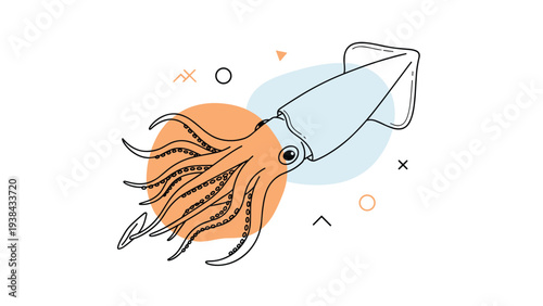 Detailed line drawing of a squid overlapping with colorful abstract shapes including circles and crosses on a white background.