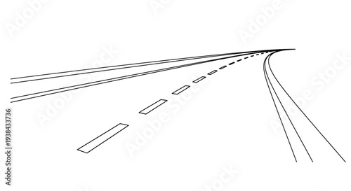 Minimalist illustration of a curving road with dashed lane markings on white background