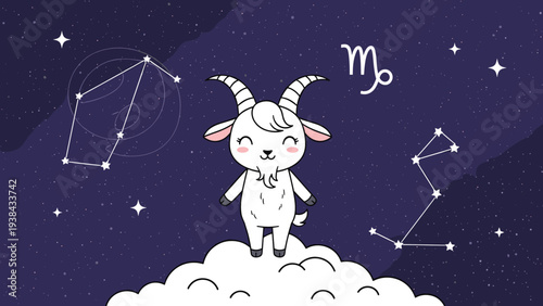 Adorable white goat character standing on a cloud in a starry night sky with astrological constellations for capricorn zodiac themes.