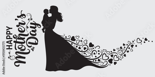 Mother Kissing Baby Silhouette with Flowing Hearts - Maternal Love Vector