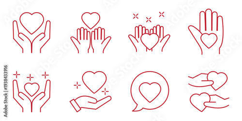 Love care and charity line icons set, helping hands hearts gift and partnership outline vector illustration collection