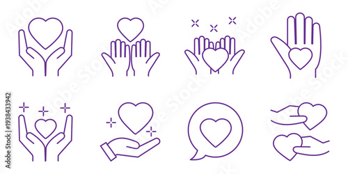 Love care and charity line icons set, helping hands hearts gift and partnership outline vector illustration collection