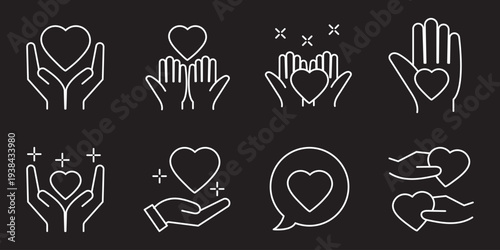 Love care and charity line icons set, helping hands hearts gift and partnership outline vector illustration collection
