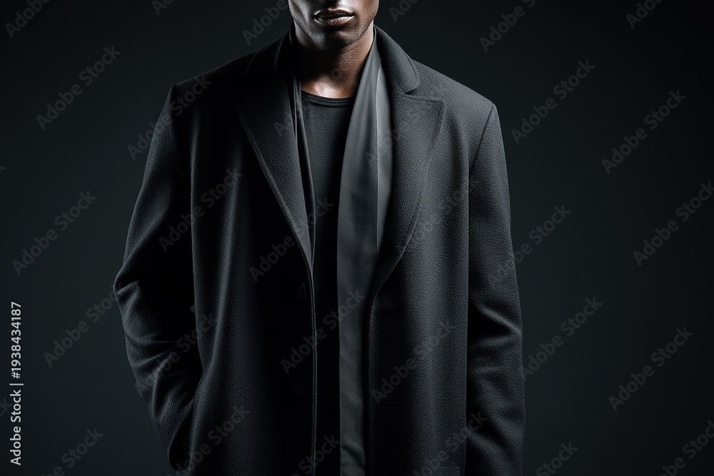 Fototapeta premium Mid-torso portrait of a man wearing long dark overcoat with inner layer