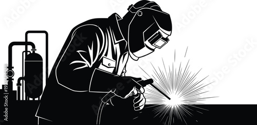 Black and white illustration of professional welder in protective mask working with sparks for industrial metal construction or repair service