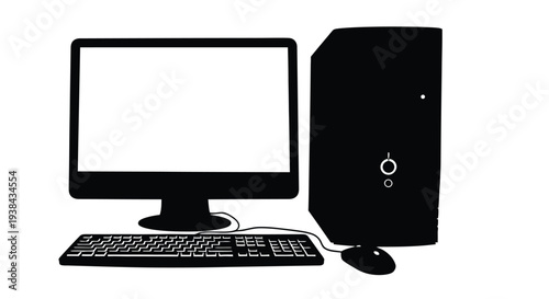 Simple black and white illustration of a desktop computer setup with monitor tower keyboard and mouse