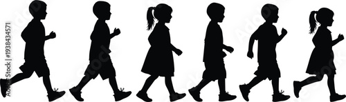Children silhouette vector illustration with walking and running poses, boys in shorts, girls in dresses, playful motion artwork concept for education, family, childhood design