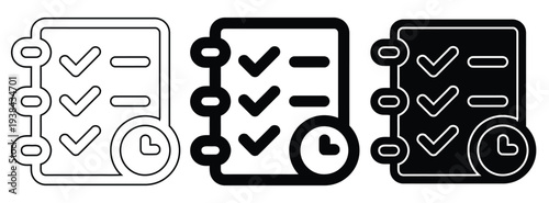 Checklist icon illustrating tasks completed on schedule, available in three styles.