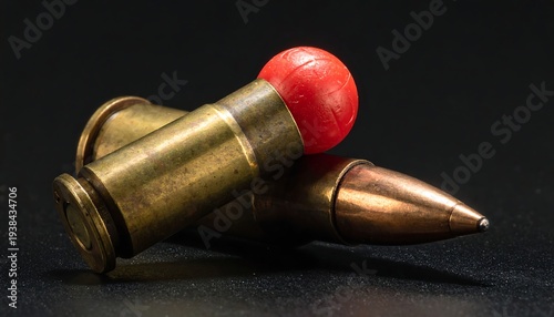 Two bullets, one with a red tip, sit on a dark surface. The brass casings catch the light, reflecting warmth
