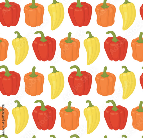 Colorful seamless pattern with bell peppers. Bright background with fresh vegetables