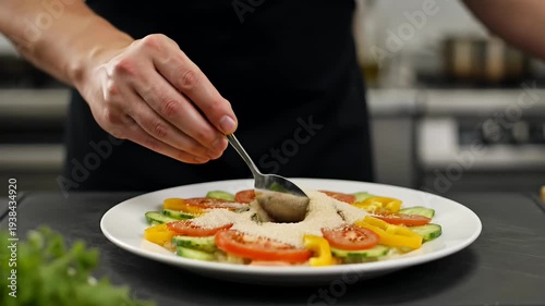 Person sprinkling seasoning on a colorful tomato, cucumber, and pepper salad