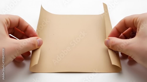 Hands Unrolling a Sheet of Beige Paper on a White Background