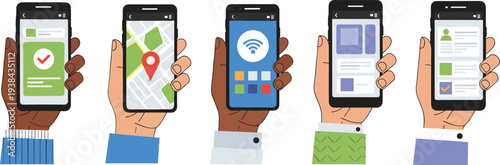 Vector illustration set of hands holding smartphones with various mobile app interfaces including navigation maps wifi connection profiles and checkmark notifications in flat design