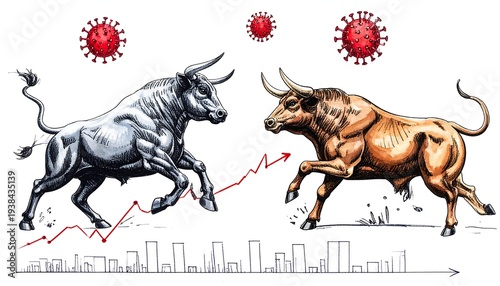 Two bulls charge over a graph, near cityscape, with virus particles floating overhead; red line traces market's rise