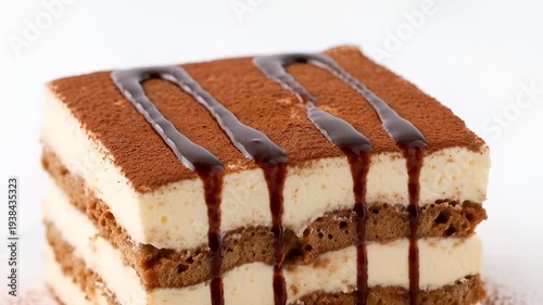 Delicious Tiramisu Dessert With Chocolate Syrup Drizzle Falling on Layers, Extreme Close Up