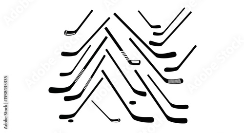 Hockey sticks arranged in triangular formation with puck on white background sports equipment concept
