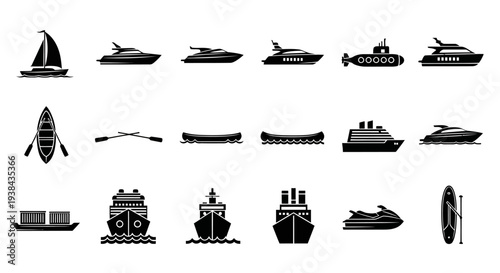 Collection of various boat and ship icons in black silhouette on white background for design and navigation