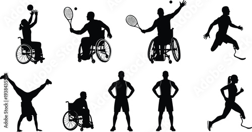 Para-athletes and adaptive sports silhouette vector illustration set, diverse disabled people playing tennis in wheelchairs and running with prosthetic legs on white background.