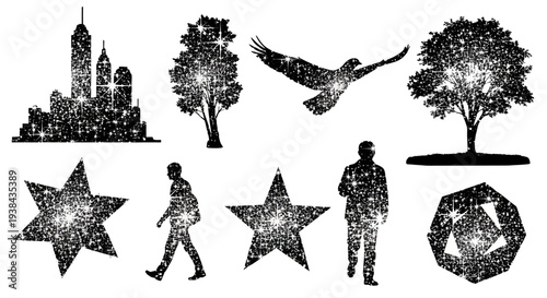 Black and white cityscape with trees bird people and stars icons set urban landscape elements
