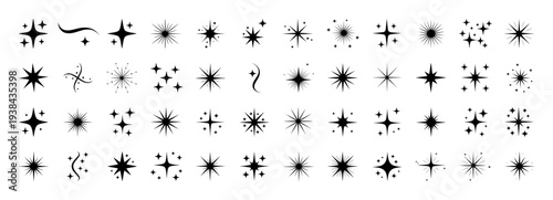 Collection of black twinkling star silhouettes and sparkle icons, variety of geometric star shapes and cosmic light symbols vector illustration.