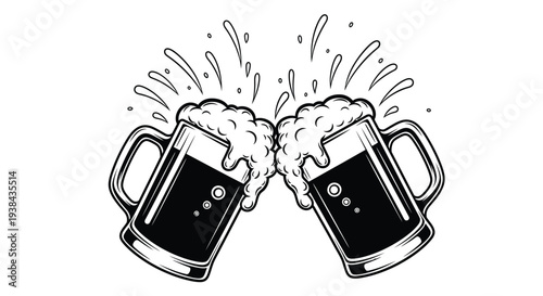 Two beer mugs clinking together with foam splashing celebration and cheers concept in black and white