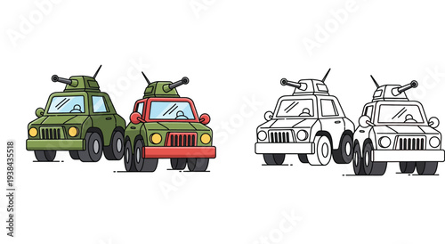 Cartoon military vehicles with gun turrets. Set of colorful and black and white line art versions for coloring book vector illustration.