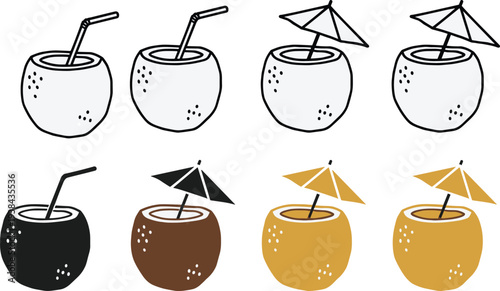 Coconut drink icon set with straw and umbrella tropical summer beverage collection in outline and color styles vector illustration isolated on background