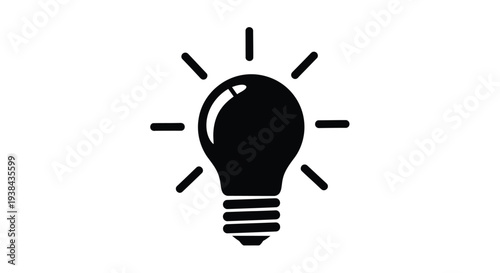 Black light bulb icon with rays on white background symbolizing idea and inspiration