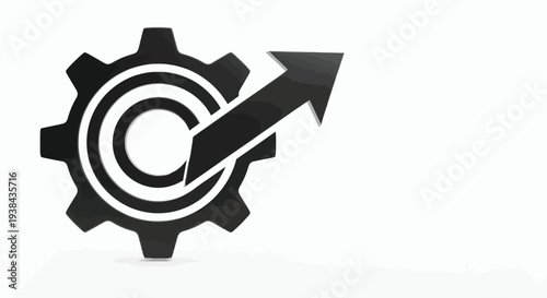 Black gear icon with copyright symbol and arrow on white background representing growth and innovation