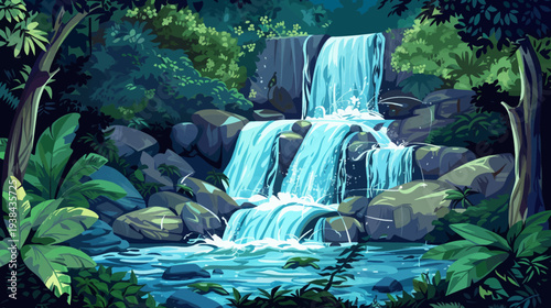 Pixelated waterfall cascades through lush, green foliage in a tranquil forest scene