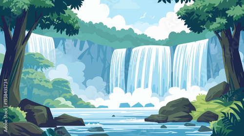 A vibrant, animated landscape showcasing a series of cascading waterfalls and lush forest scenery