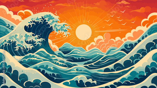 Stylized illustration depicts a vibrant seascape with crashing waves, a large sun, and birds flying
