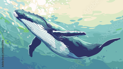 A pixelated humpback whale swims through turquoise water with dappled sunlight above it