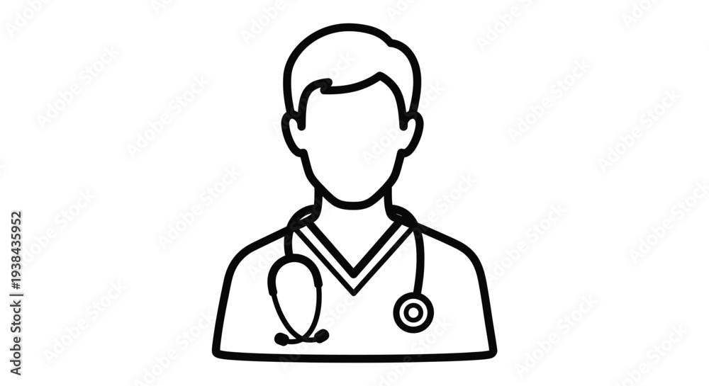 Fototapeta premium Simple black line drawing of a male doctor with stethoscope on white background medical professional illustration healthcare symbol