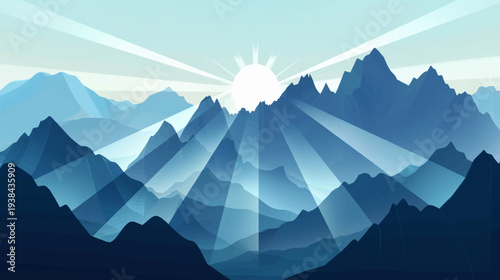 Blue mountain range silhouette with bright white sunburst, stylized landscape