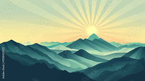Minimalist illustration of layered blue mountains beneath a pale yellow sunburst