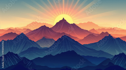 Layered mountains in blue and orange, with a sunburst behind the highest peak