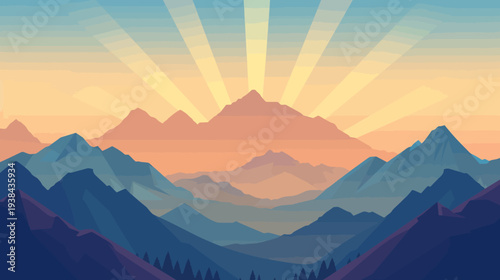 Low-poly, flat design illustration of mountains at sunrise with radial light rays