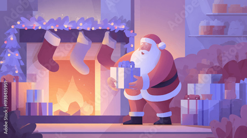 Cartoon illustration of Santa Claus delivering a gift near a fireplace